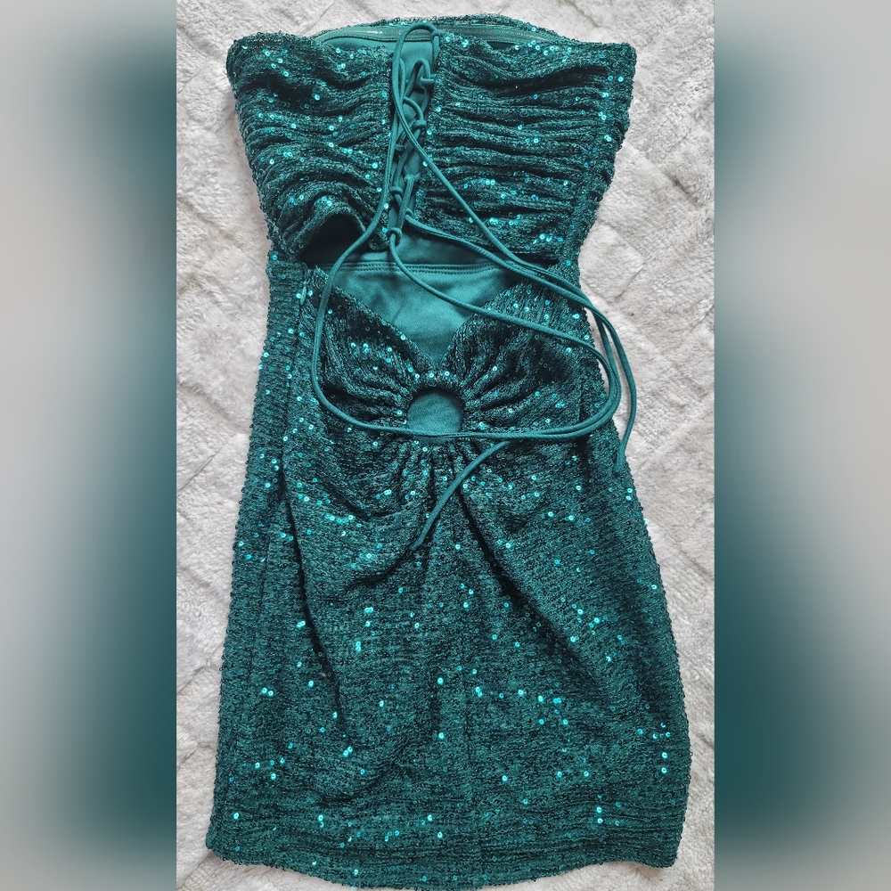 LUCY IN THE SKY Strapless Sequin Mini Dress in Deep Green Size XXS - Picture 4 of 6